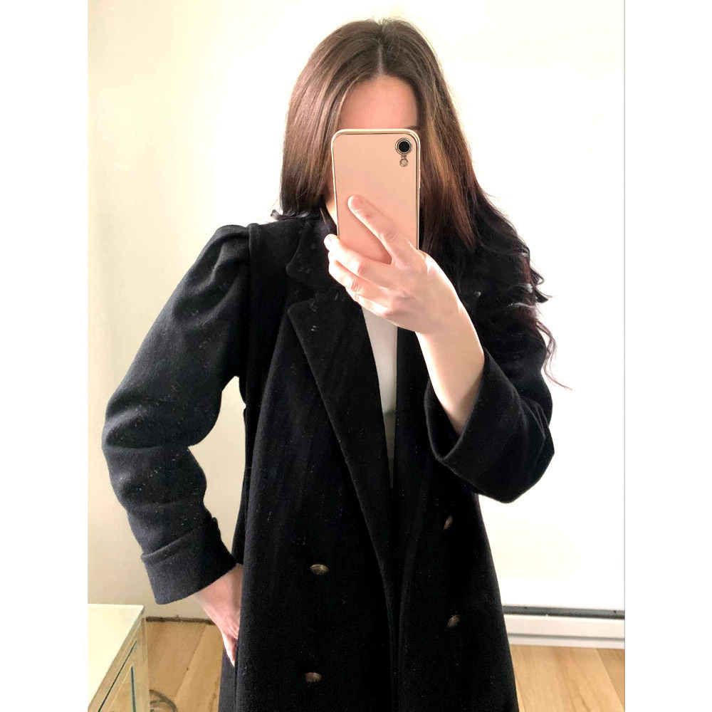 Vintage Black Double Breasted Long Wool Coat Pleated Puff Shoulder sz 8 Petite - Picture 3 of 15
